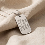 Personalised dog tag necklace in silver with engraved message, minimalist custom jewelry
