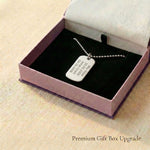 Personalised dog tag necklace presented in premium gift box with engraved text, custom jewelry gift