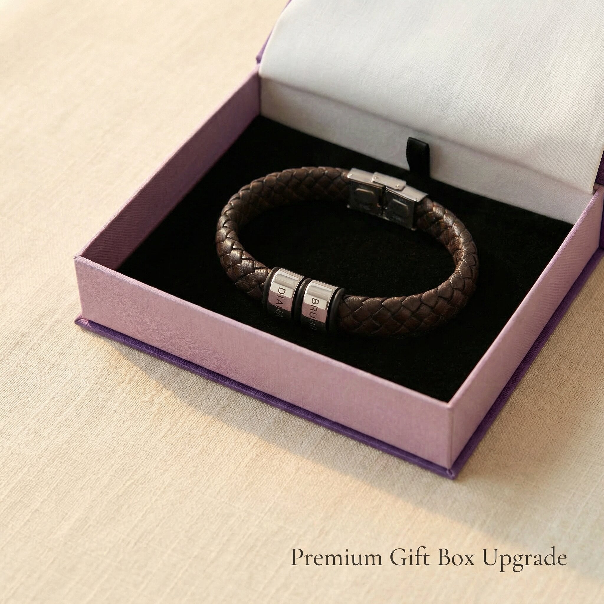 Personalised leather bracelet in premium gift box, meaningful jewellery gift idea
