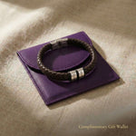 Personalised leather bracelet displayed with gift wallet packaging, custom jewellery gift option