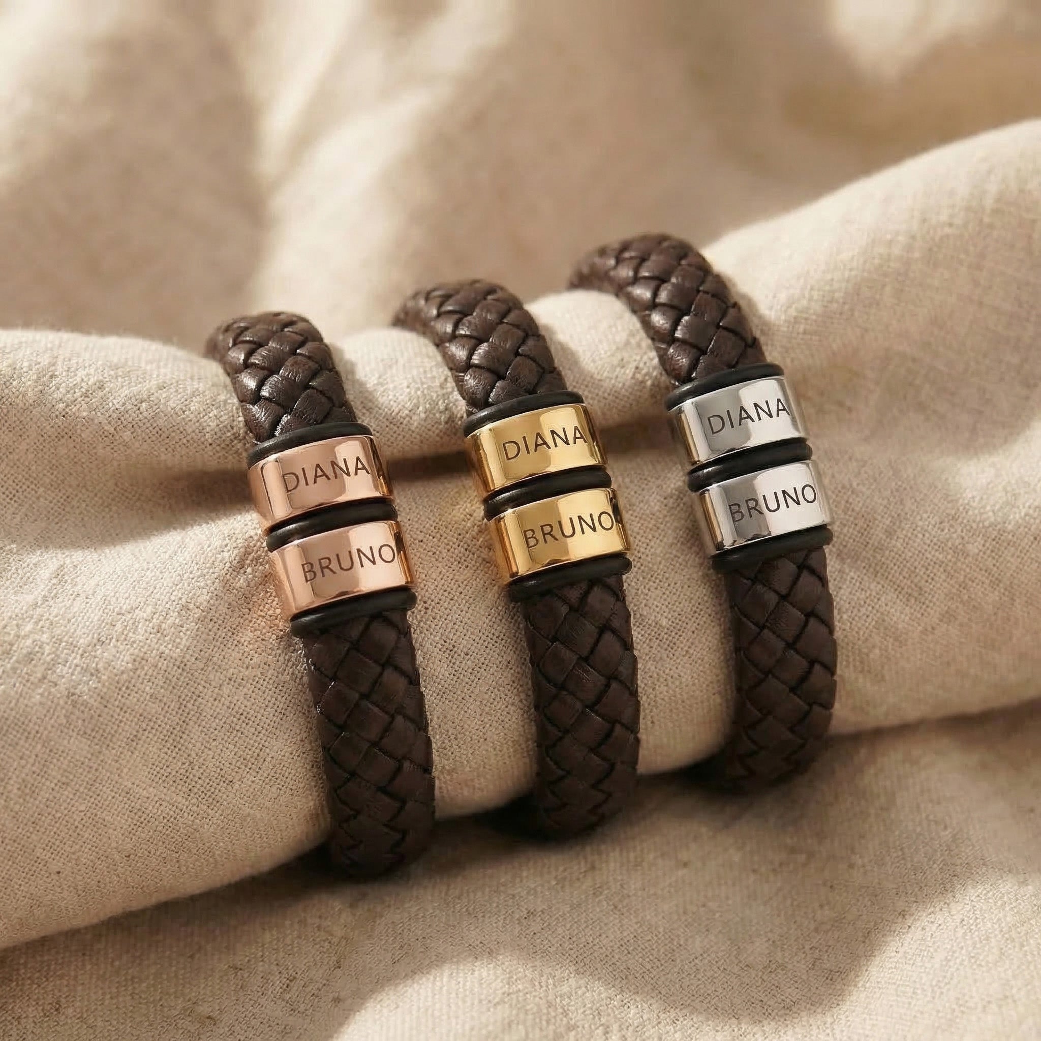 Personalised leather bracelet tone comparison showing gold, silver and rose gold engraved plates