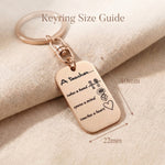 Personalised dog tag keyring size guide showing tag dimensions and keyring scale