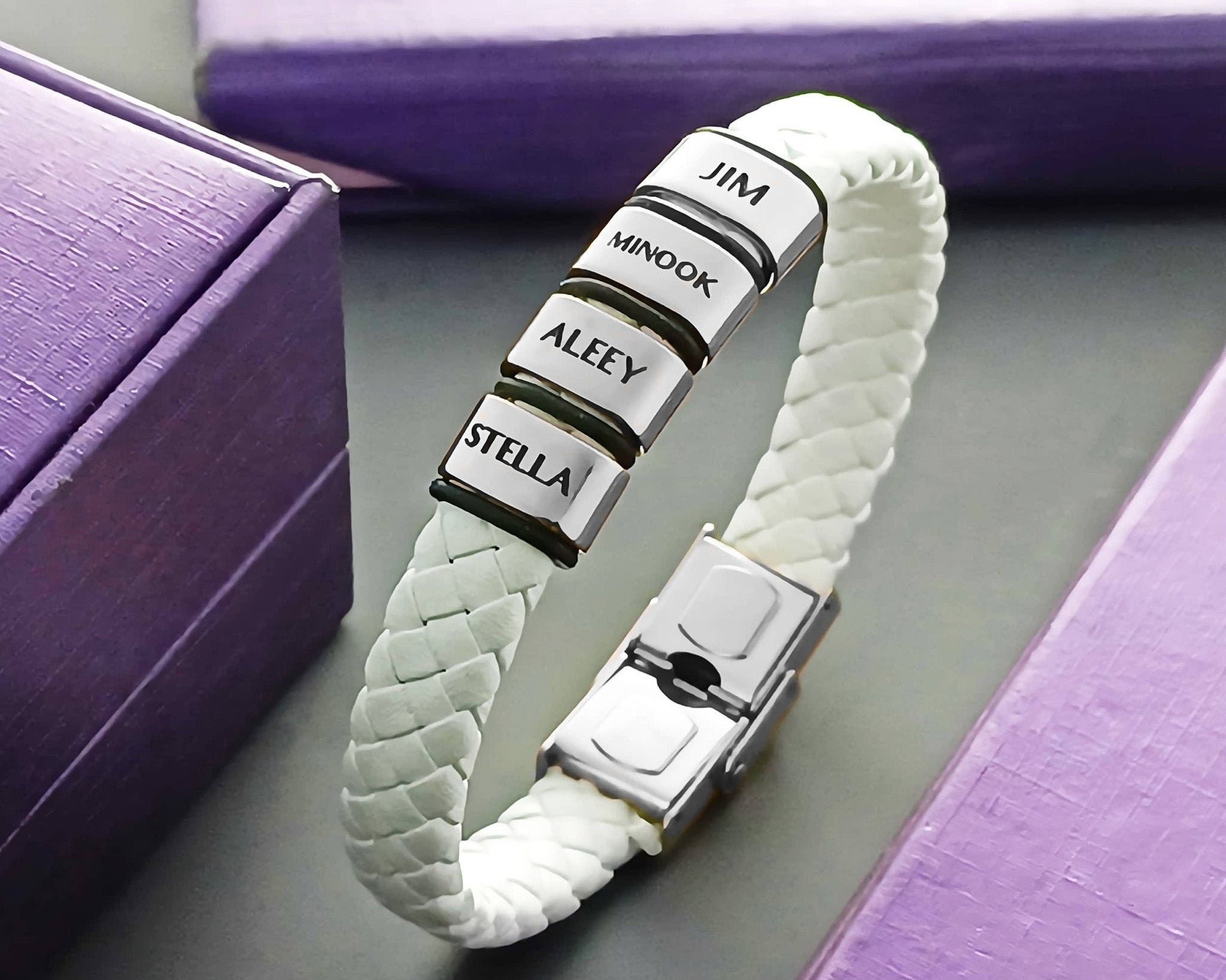 White Leather Bracelet - Bangles & Bracelets by Belle Fever Personalised Jewellery