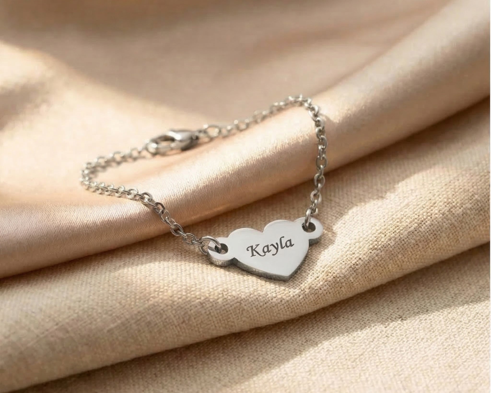 Personalised heart bracelet in silver with engraved name, classic minimalist jewellery