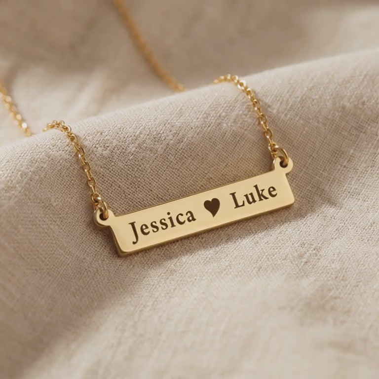 Jess Bar Necklace with engraved name bar shown in close-up product view