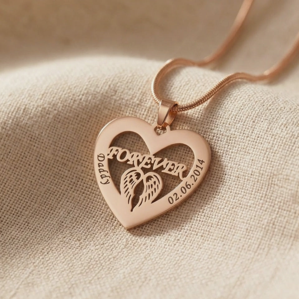 Product video showing Angel In My Heart necklace with heart angel wings pendant and delicate chain design