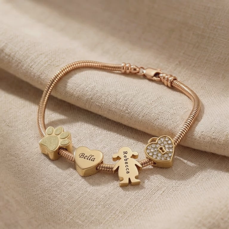 Video showing moments charm bracelet with interchangeable inserts and polished finish