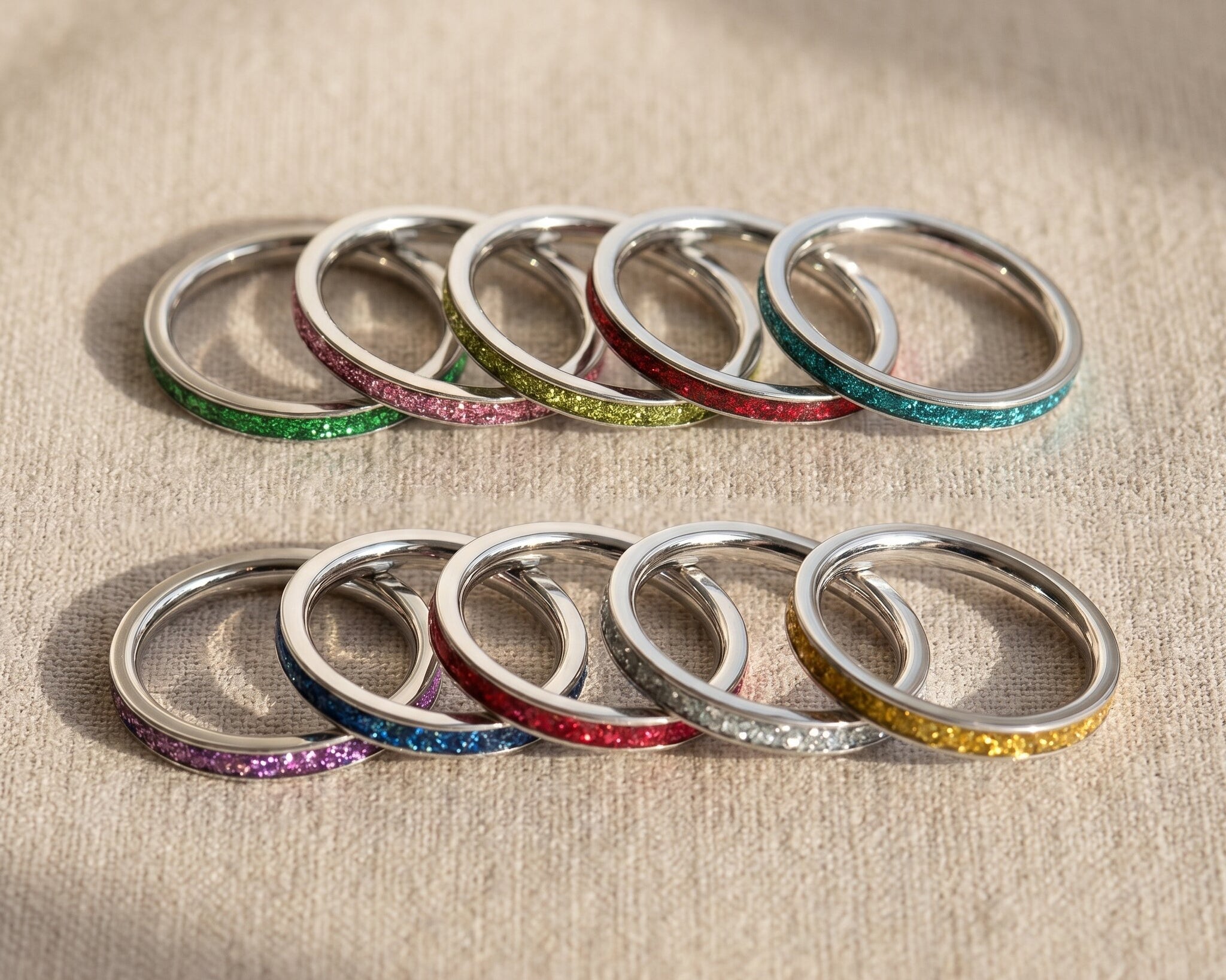 River ring colour options showing multiple gemstone band variations for stackable personalised ring styling