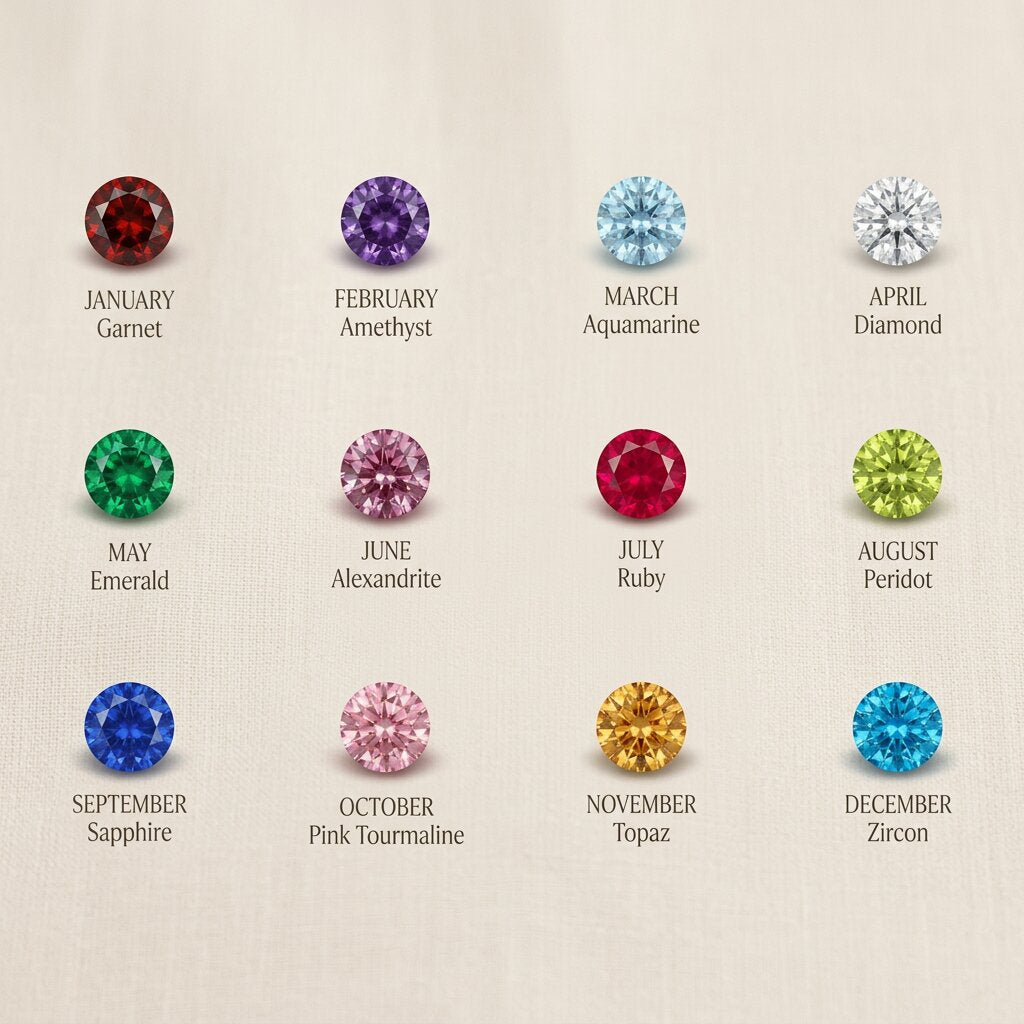 Birthstone color chart showing available gemstone options for personalized link necklace customization