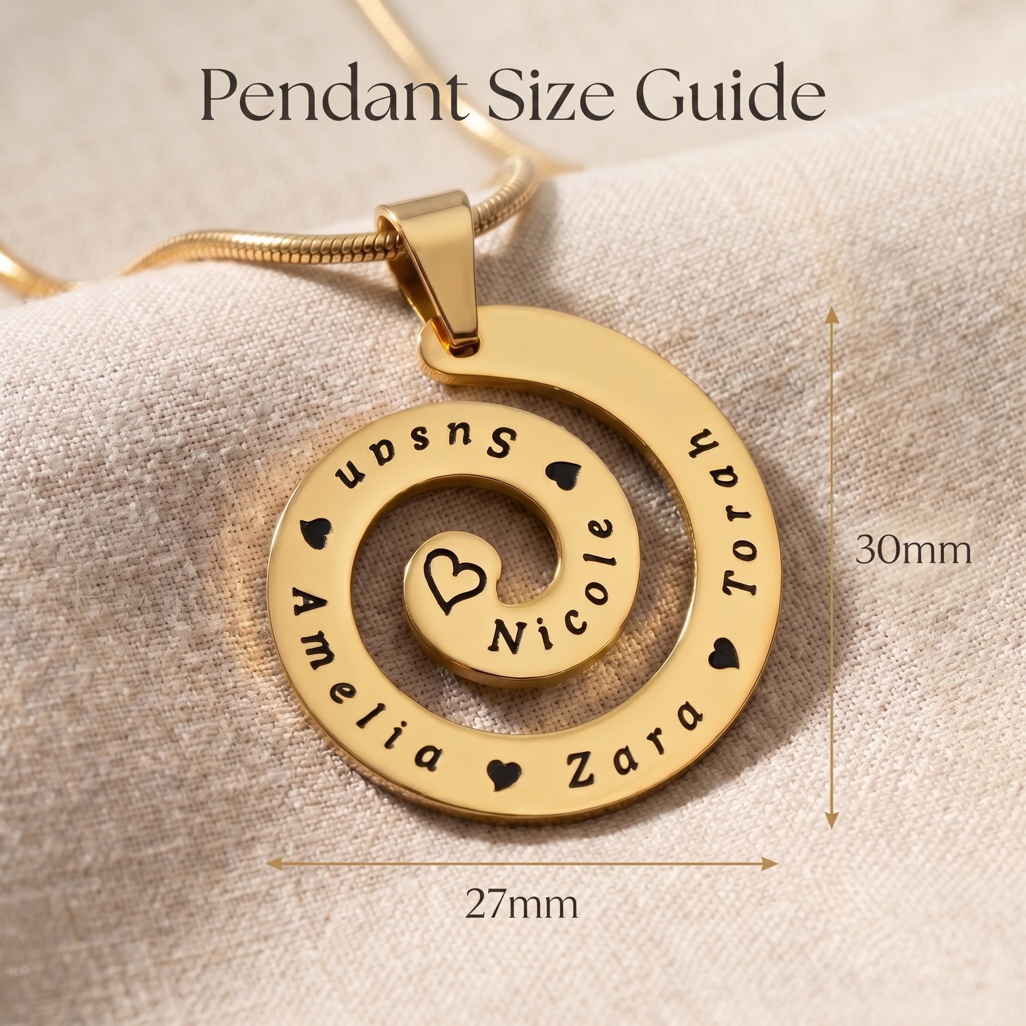 Swirl of time necklace size guide showing circular pendant dimensions and engraved symbolic detail