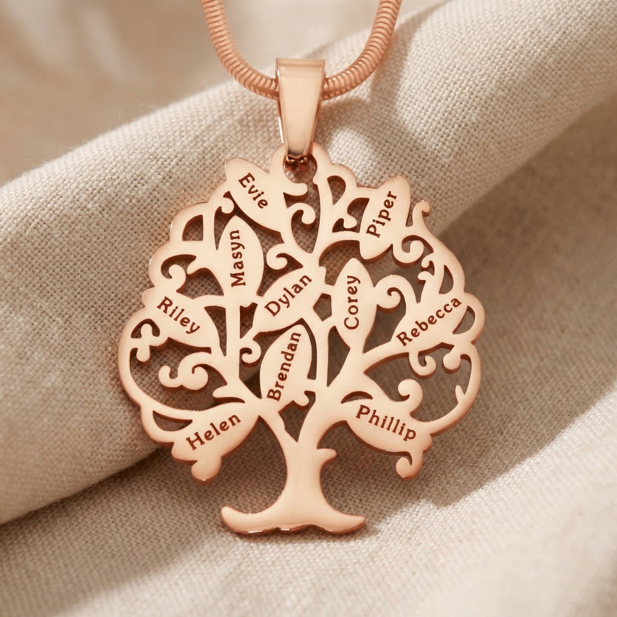 Tree of life necklace with 10 engraved leaf details, personalised family tree design