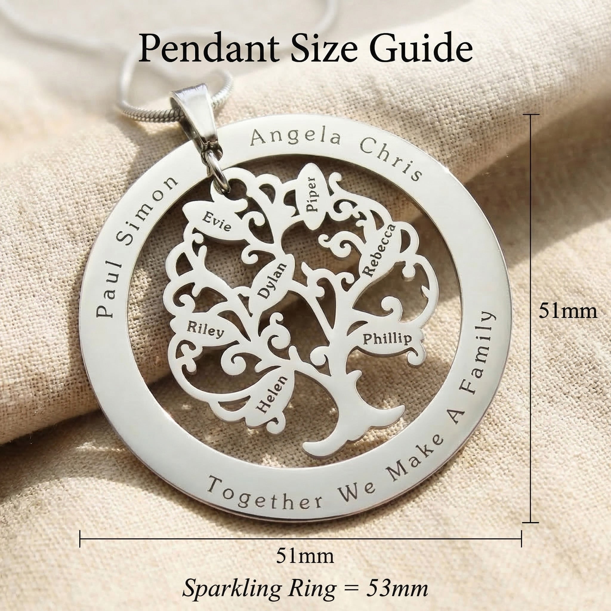 Tree of life necklace with washer size guide showing layered pendant dimensions