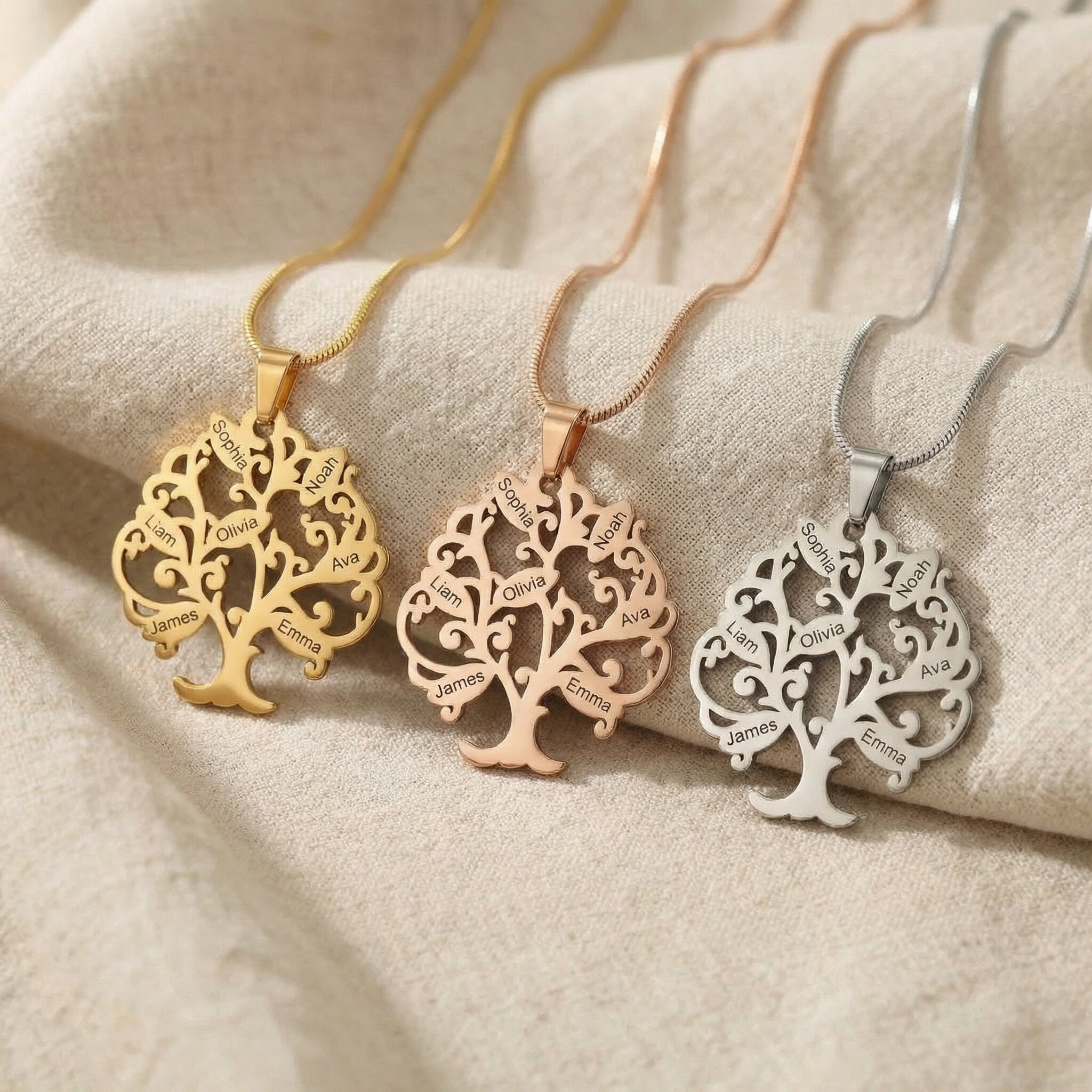 Tree of my life necklace tone comparison showing gold, silver and rose gold finishes