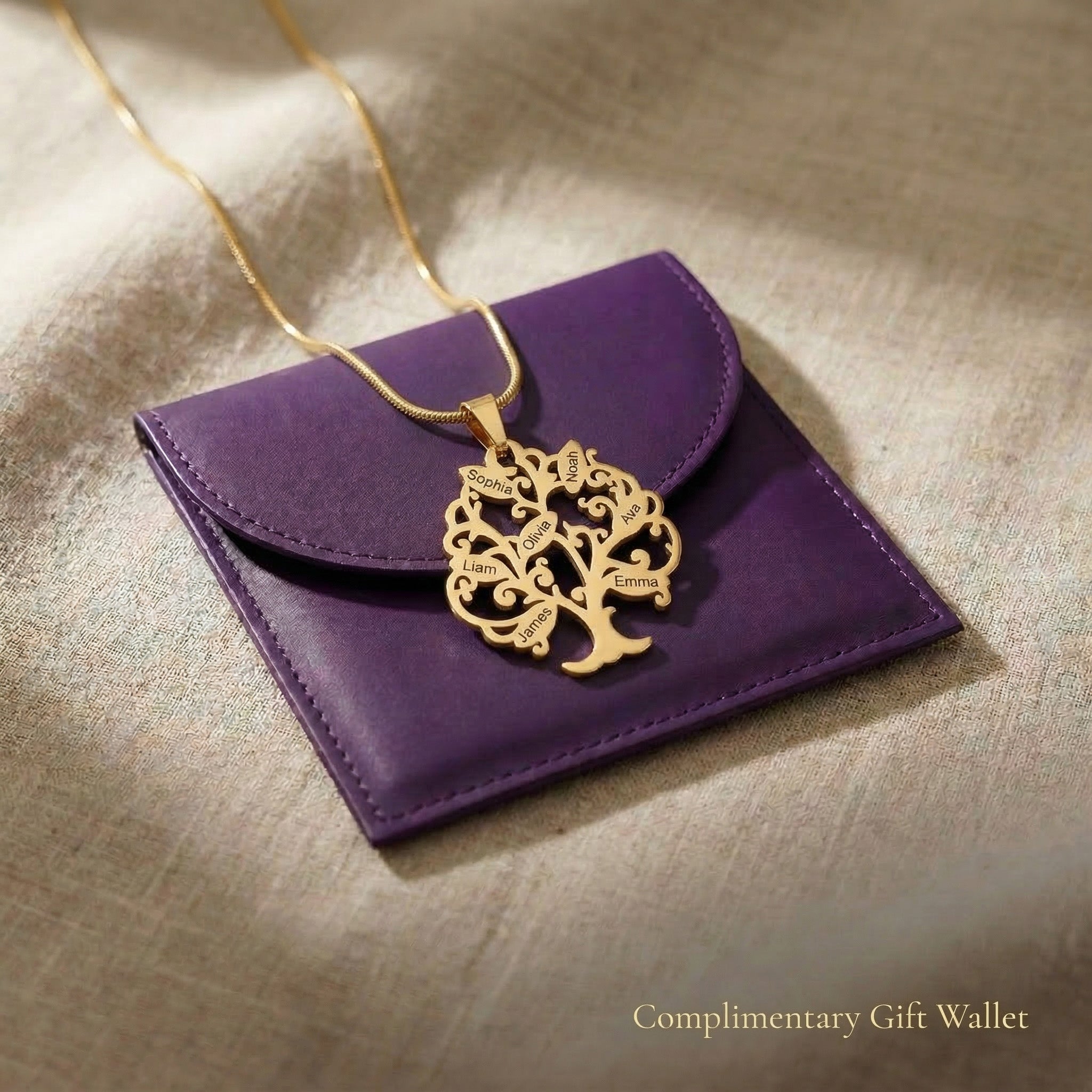 Tree of life necklace displayed with gift wallet packaging, keepsake jewellery gift