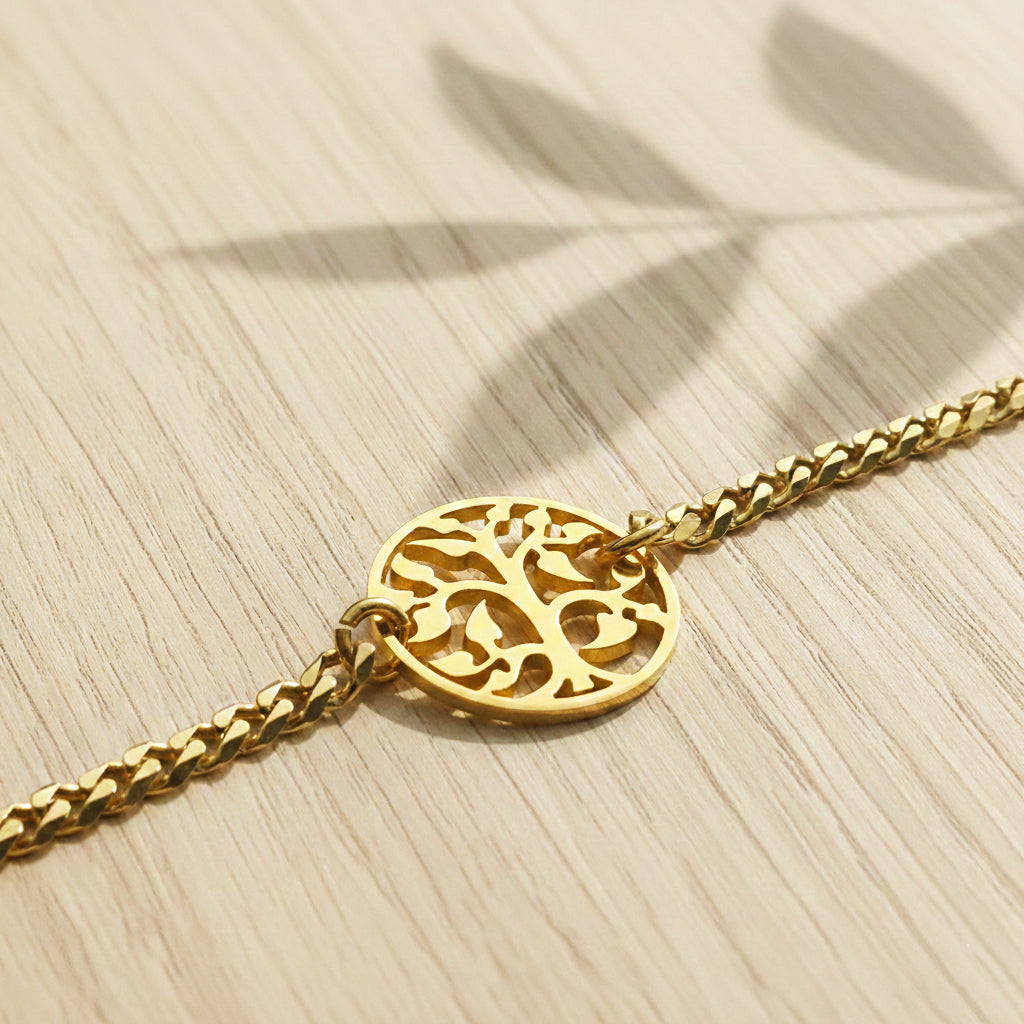 Belle Fever tree bracelet in gold finish with round cutout charm detail. perfect gift for mom 