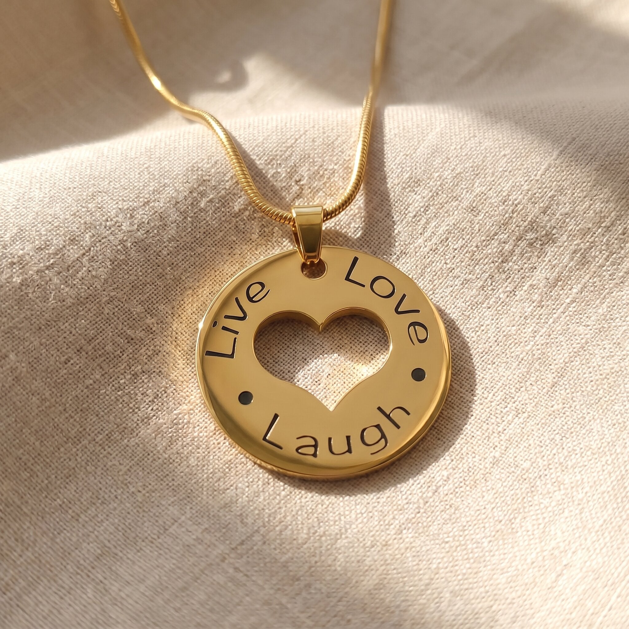 triple love necklace in gold with engraved message, meaningful family keepsake jewellery gift