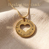 triple love necklace size guide showing pendant dimensions and engraved detail