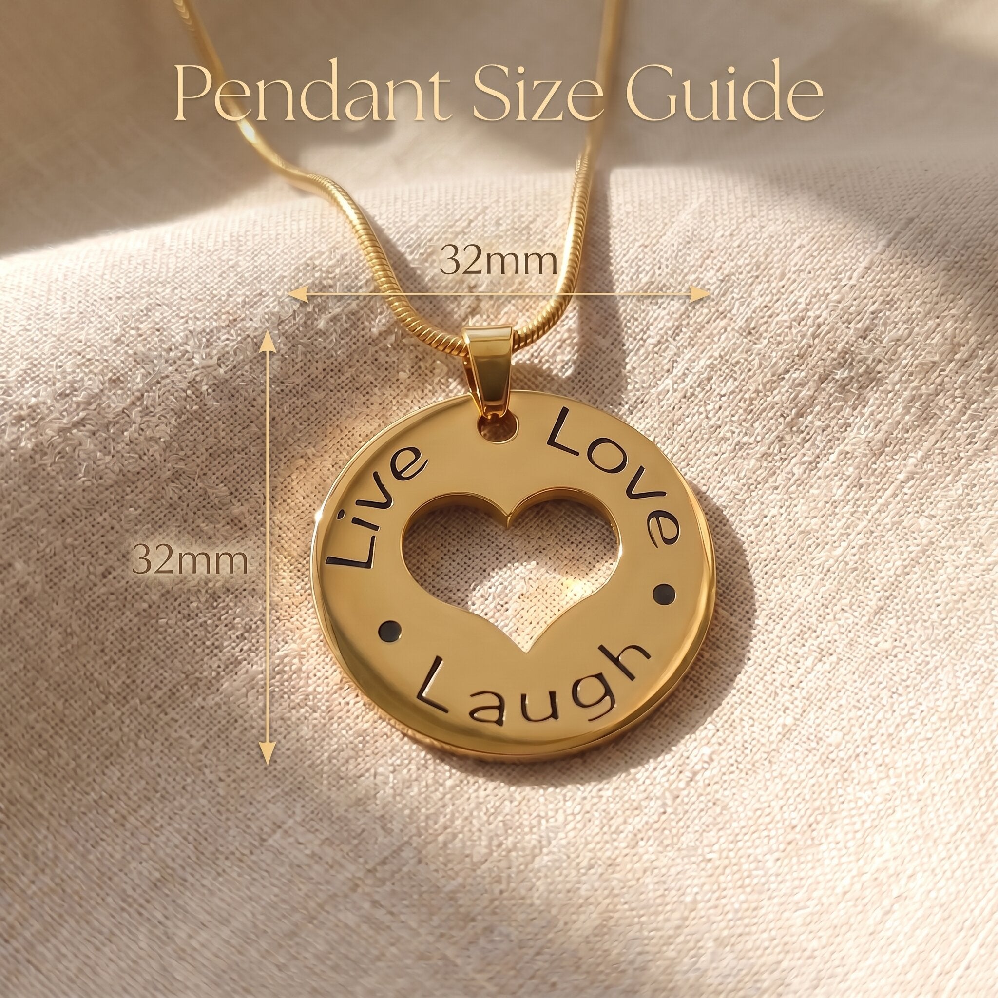 triple love necklace size guide showing pendant dimensions and engraved detail
