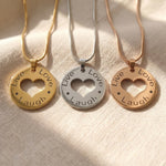 triple love necklace tone comparison showing gold, silver and rose gold engraved finishes