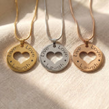 triple love necklace tone comparison showing gold, silver and rose gold engraved finishes