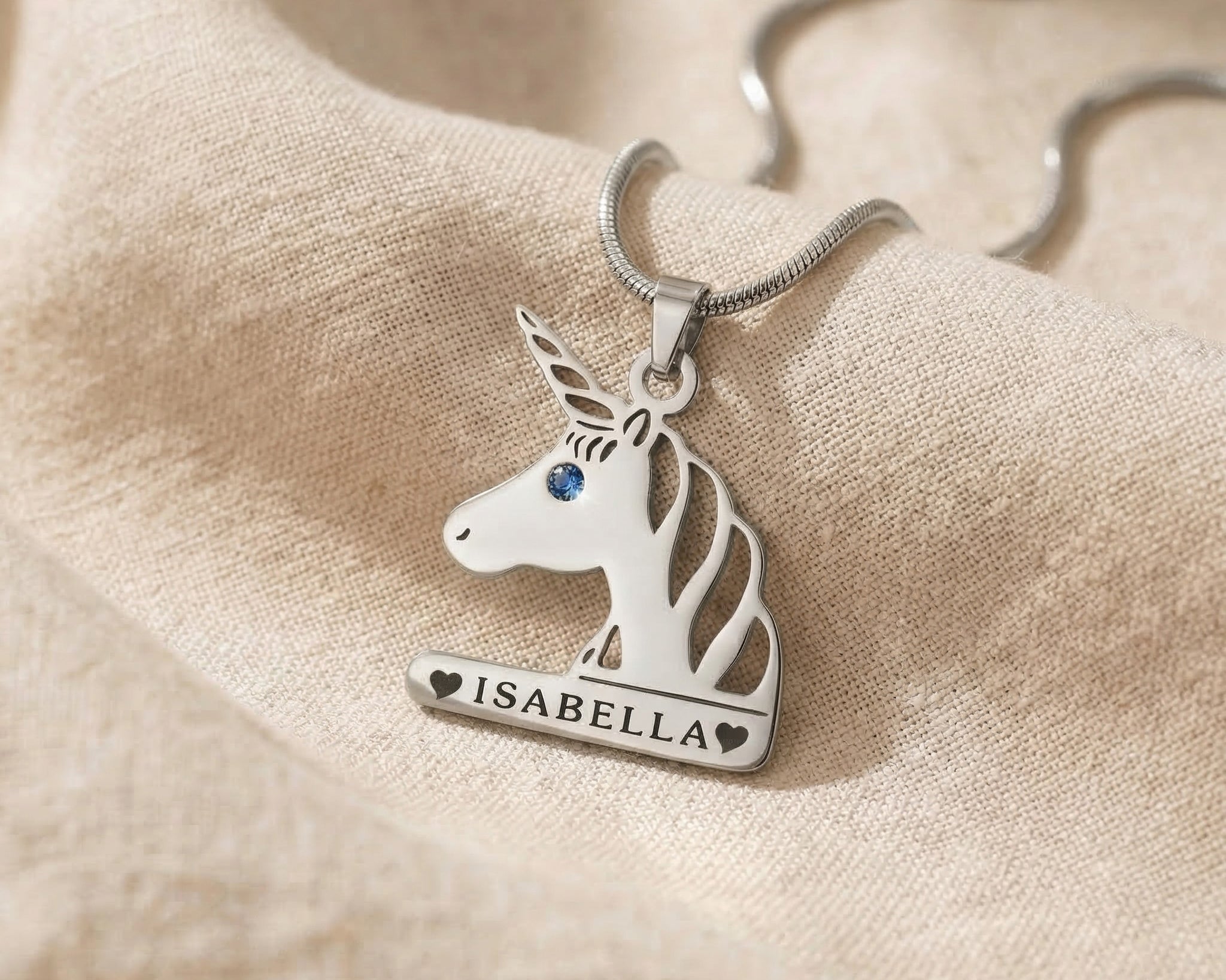 Unicorn head name necklace in silver with personalised name and birthstone accent