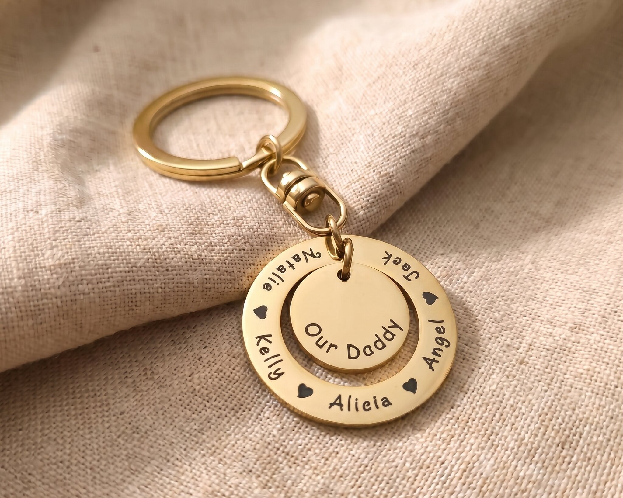 Washer Disc Keyring in gold with engraved message, personalised keepsake gift