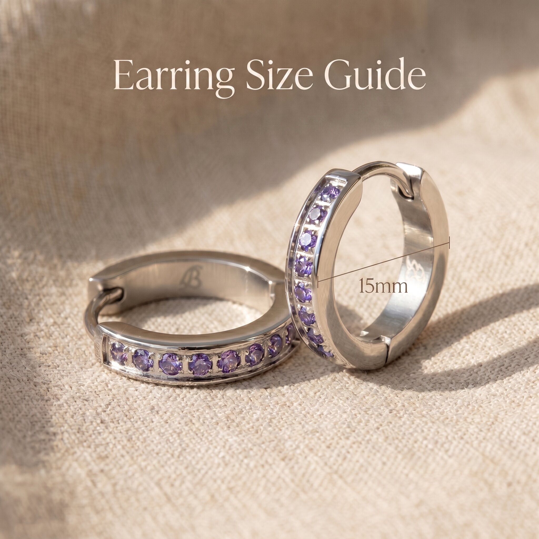 Zircon hoop earrings size guide showing hoop diameter and crystal stone detail proportions