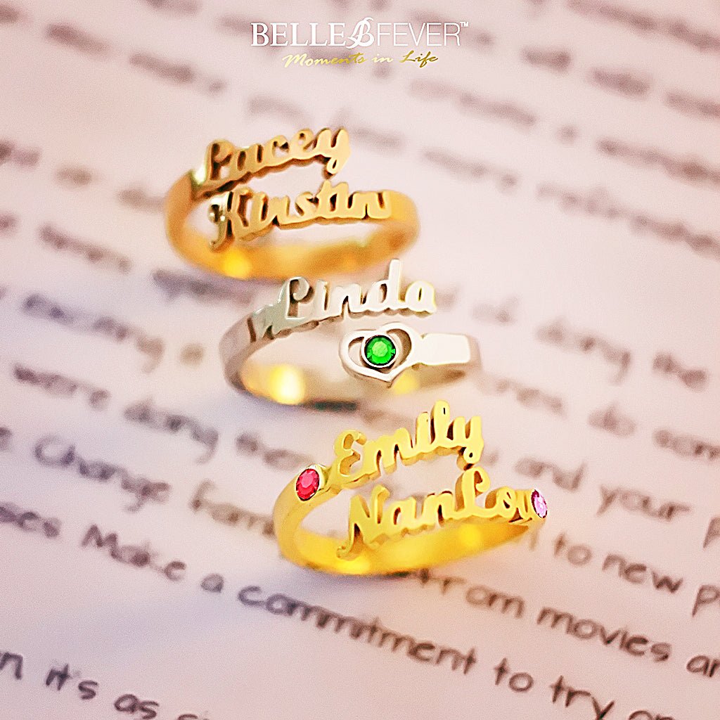 Double Name Personalised Ring (Birthstones Optional) - Rings by Belle Fever