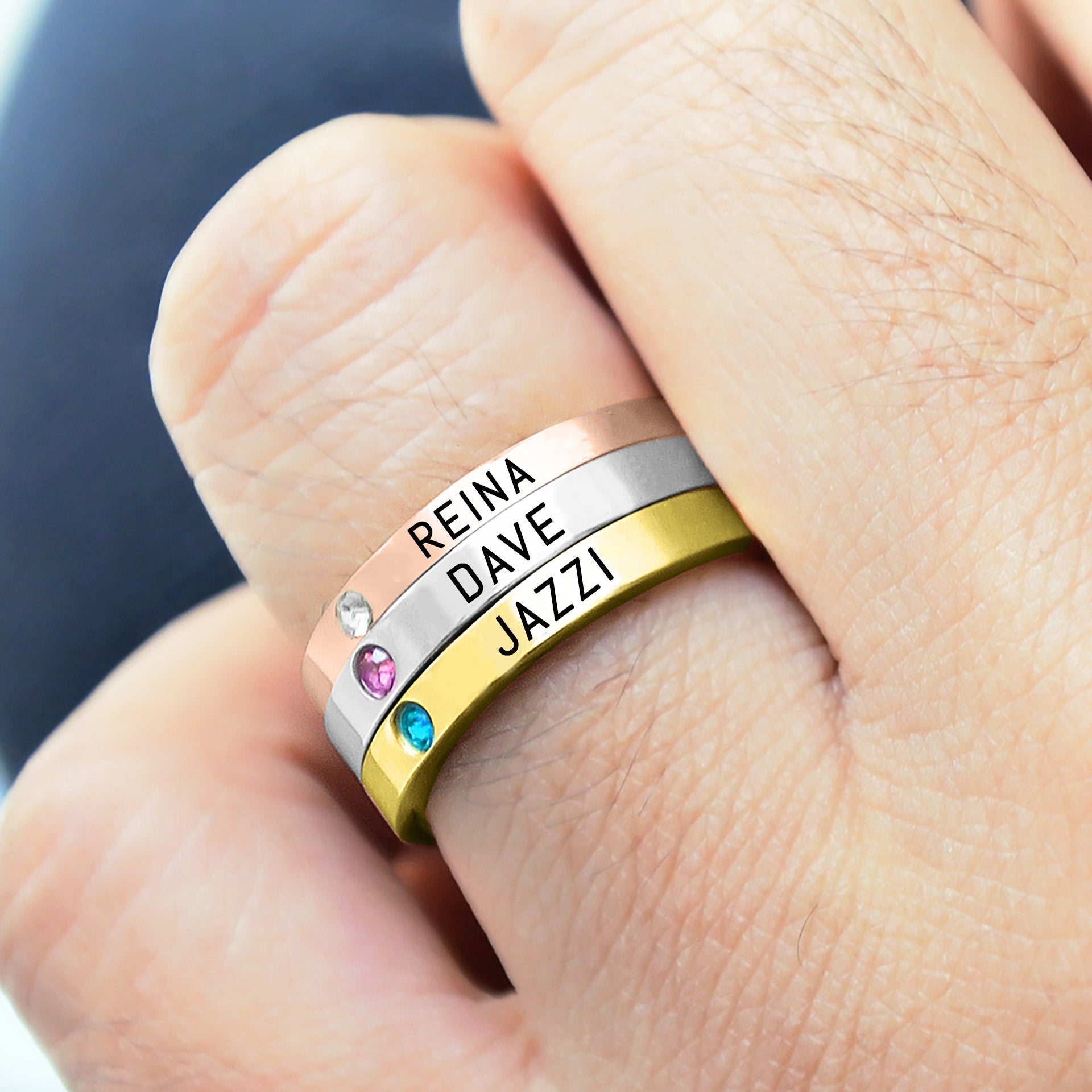 Stackable name store rings with birthstone